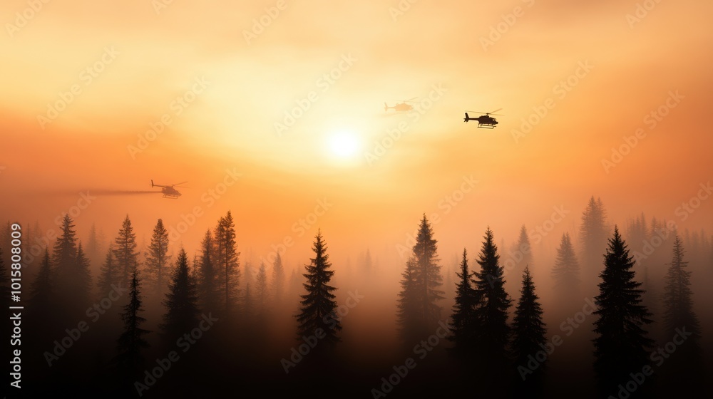 Helicopters flying over a misty forest during a vibrant sunset. Helicopters flying over a misty forest during a vibrant sunset.
