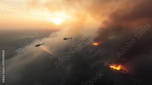 Helicopters combatting wildfire flames during sunset, aerial view. photo