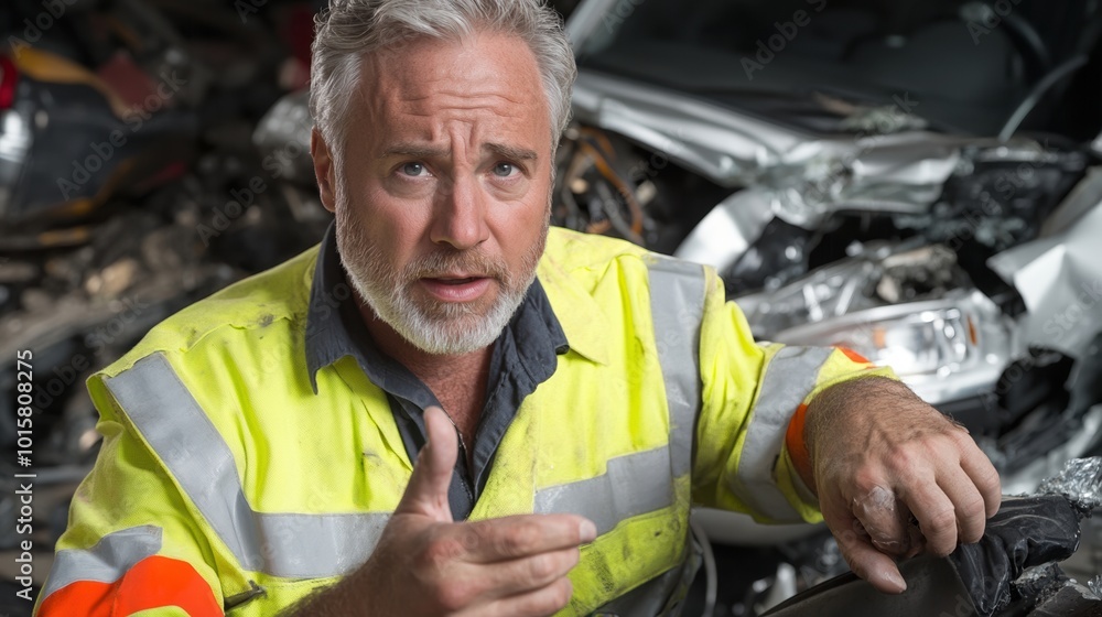 Man in reflective safety gear discussing vehicle repairs in wrecking yard. Man in reflective safety gear discussing vehicle repairs in wrecking yard.