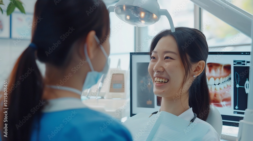 Dentist showing a patient the stepbystep process of a root canal using digital screens Dentist showing a patient the stepbystep process of a root canal using digital screens