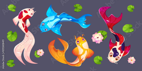Top view on koi fish with lotus leaves and flowers for Japanese or Chinese traditional pond and aquarium creation. Cartoon vector set of golden and blue, red and white oriental underwater animals.
