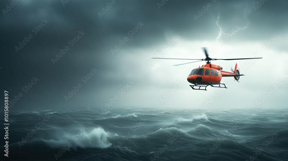 Rescue helicopter flying over stormy sea with dark clouds and lightning. Rescue helicopter flying over stormy sea with dark clouds and lightning.