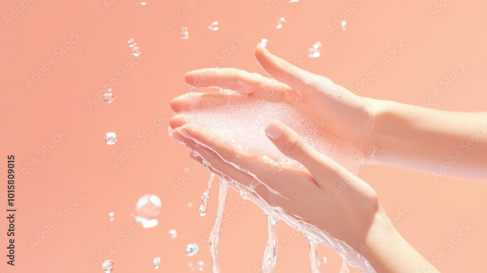 Fototapeta premium Person washing hands with soapy water under bright lighting against a peach background, emphasizing cleanliness and hygiene practices