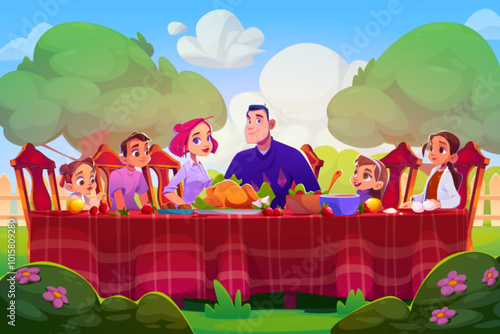 Family dinner in summer garden. Vector cartoon illustration of happy parents and children sitting at table in backyard with green trees and flowers, healthy food on plates, enjoying time together