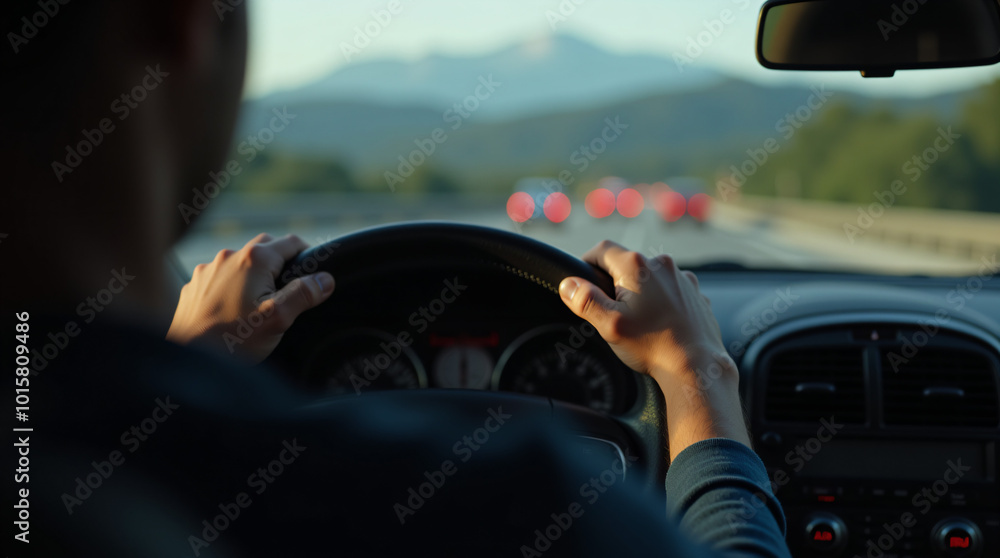 A close-up shot of a car driver’s hands gripping the steering wheel while driving on a highway A close-up shot of a car driver’s hands gripping the steering wheel while driving on a highway