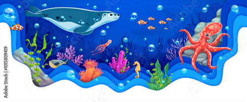Cartoon paper cut underwater landscape with seal, octopus and seaweeds. 3d vector ocean ecosystem filled with fish, coral, bubbles and playful sea animals swimming among vibrant marine vegetation