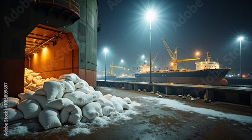 A bustling scene at an industrial port, where large bags of sugar are being loaded into the hold of a bulk vessel