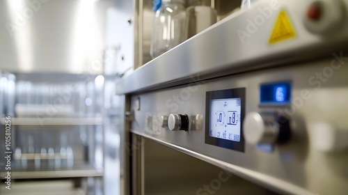 77. A close-up of a fume hood is control panel with digital readouts