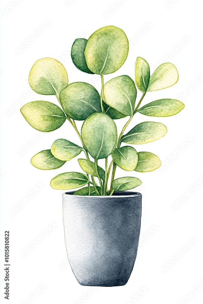 Green plant in a modern pot, white isolated background. Watercolor illustration. Green plant in a modern pot, white isolated background. Watercolor illustration.