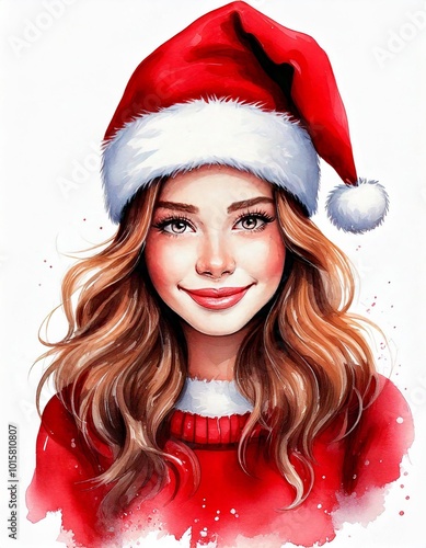 Festive girl in a Santa hat, joyful expression, holiday spirit. Watercolor illustration.