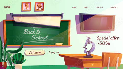 School classroom interior with microscope on table with chair, Back to school sign on green chalkboard, tv and scientists portraits on wall, green plants in pot. Cartoon vector web site page template.