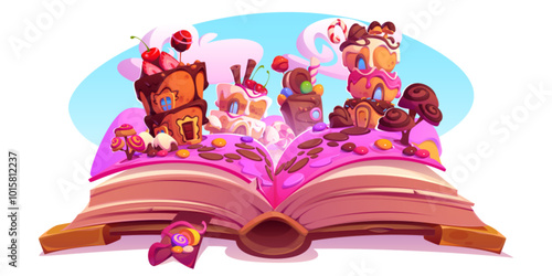Open paper book with illustration of tale about magic candy land with houses and trees made from cakes and chocolate, berries and caramels. Cartoon vector of fairytale with dream world on pages.