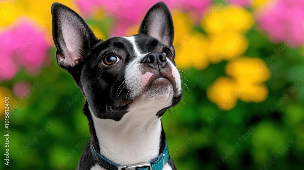 A photostock images of a Boston terrier with a focused look, standing in front of a green garden background. High Quality Dog Image A photostock images of a Boston terrier with a focused look, standing in front of a green garden background. High Quality Dog Image