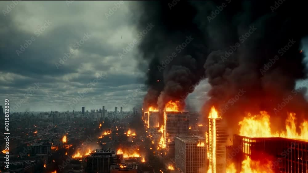 A city is on fire with smoke billowing into the sky A city is on fire with smoke billowing into the sky