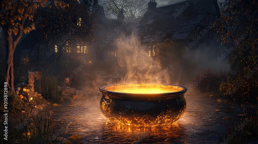 A mystical cauldron bubbling with bright orange liquid, surrounded by a foggy twilight scene of an enchanting village. A mystical cauldron bubbling with bright orange liquid, surrounded by a foggy twilight scene of an enchanting village.