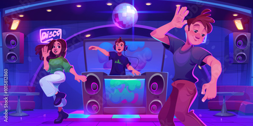 People at night club party. Cartoon vector illustration of young man and woman dancing on dancefloor, male dj character playing on stage behind deejay stand, tables and glittering ball on ceiling.