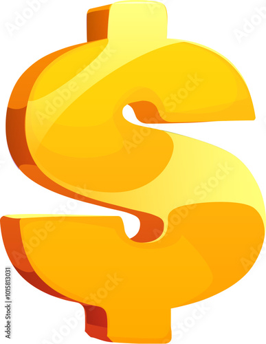 Cartoon golden dollar sign, usd money, currency symbol, emanates a soft and enchanting light glow. Isolated vector dazzling and striking game asset conveys a sense of wealth and financial success