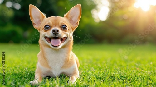 A photostock images of a Chihuahua sitting on the grass in a sunlit field, looking alert and curious. High Quality Dog Image