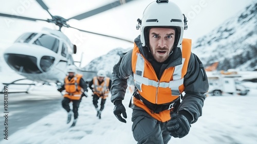 Rescue team in action, rushing towards a helicopter in snowy conditions. photo