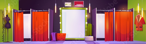 Clothes store fitting room interior with wardrobe cabins closed with red curtains, full length mirror with light bulbs, puff seat and decorative plant in pot, hanging clothing on hanger and mannequin.