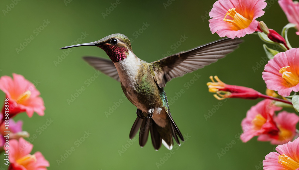 Fototapeta premium a macro image of a hummingbird hovering near a flower