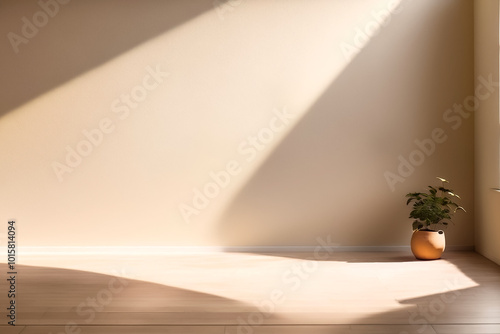 Fototapeta Naklejka Na Ścianę i Meble -  Minimal abstract light biege background for product presentation. Soft shadow and light from windows on white wall