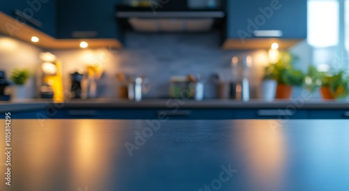 Blue kitchen countertop with a blurred background of the interior, flat lay, close-up, copy space concept. 