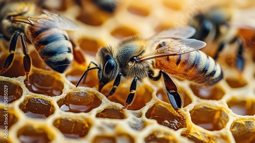 Bees Collecting Nectar on Honeycomb