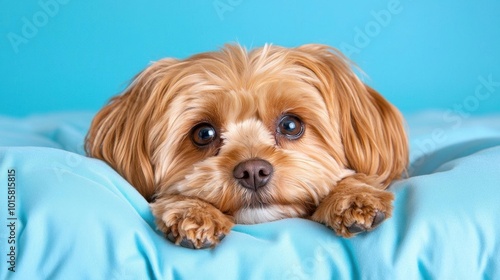 A photostock images of a Shih Tzu dog resting on a soft bed, with its head gently resting on its paws. High Quality Dog Image