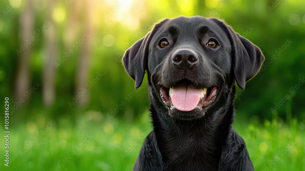 A photostock images of a black Labrador retriever standing in a park, with soft evening light highlighting its features. High Quality Dog Image A photostock images of a black Labrador retriever standing in a park, with soft evening light highlighting its features. High Quality Dog Image