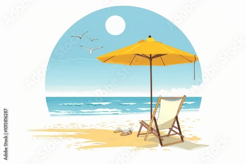 Summer umbrella and beach chair silhouette on the beach with circle badge vector illustration clipart on white background