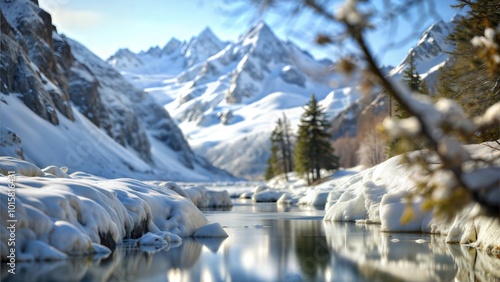 Glacial Splendor: Winter landscape between glaciers and majestic mountains.