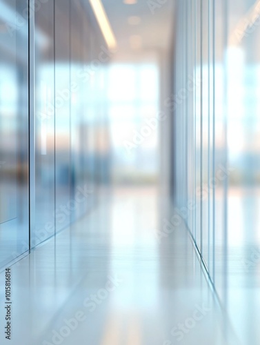 Blurred background of a modern office interior with glass windows and a polished concrete floor, providing ample copy space for text. 