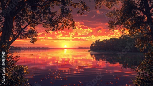 A breathtaking view of a sunset over a serene lake, with vibrant orange and pink hues reflecting off the calm water and silhouetted trees in the foreground