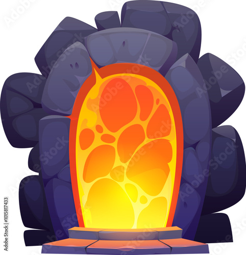 Fantasy game magic portal door for witchcraft game asset, vector cartoon element. Magic portal door with lava burning fire in rock cave or castle dungeon for witch sorcerer portal gate or game asset