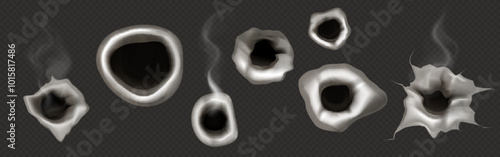 Gun bullet hole from shot. Weapon target mark 3d illustration. Isolated gunshot frame on transparent background. War hit set from crime danger. Military broken wall texture with smoke vector effect.
