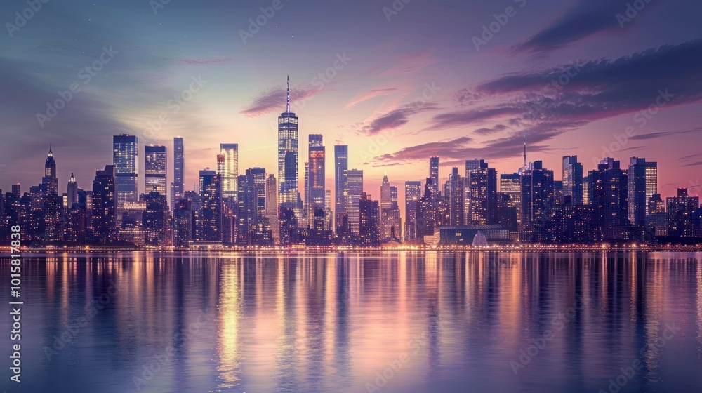 A city skyline at dusk, with lights beginning to twinkle as the sky transitions from day to night, casting a beautiful glow over the buildings and water below A city skyline at dusk, with lights beginning to twinkle as the sky transitions from day to night, casting a beautiful glow over the buildings and water below