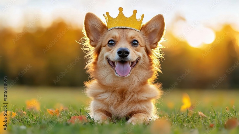 A photostock images of a fluffy dog wearing a crown and sitting elegantly on a grassy field with a blurred autumn backdrop. High Quality Dog Image A photostock images of a fluffy dog wearing a crown and sitting elegantly on a grassy field with a blurred autumn backdrop. High Quality Dog Image