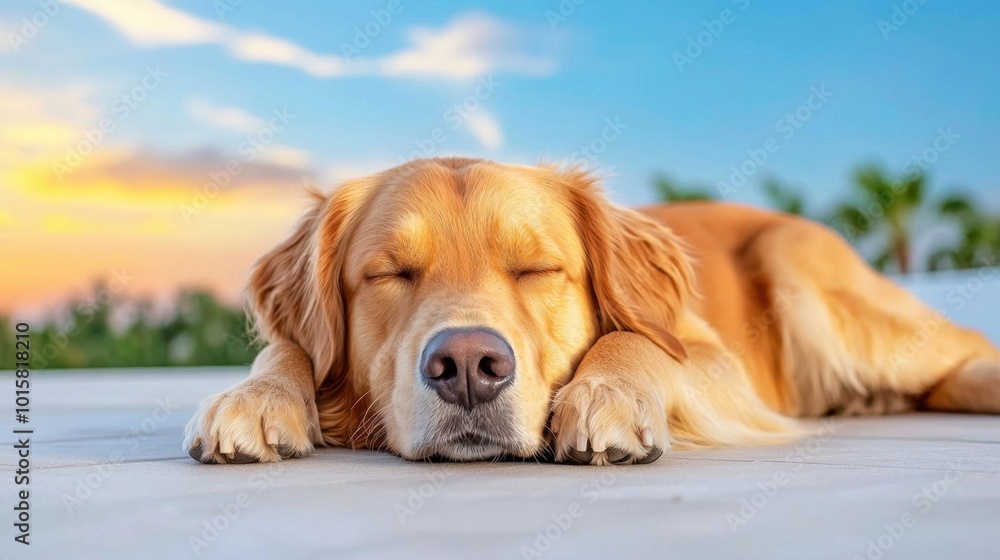A photostock images of a golden retriever lying peacefully on the ground as the evening sun casts a soft glow. High Quality Dog Image A photostock images of a golden retriever lying peacefully on the ground as the evening sun casts a soft glow. High Quality Dog Image