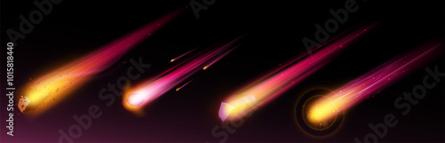 Comet or asteroid fire light trail in space vector. Meteorite fall with flame speed. 3d realistic fireball with dust and sparkle. Glow neon shooting star illustration. Fantasy falling rocket tail