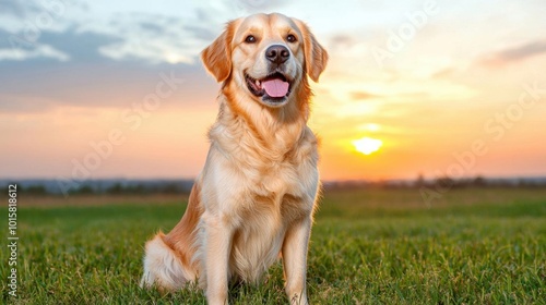 A photostock images of a golden retriever sitting on a grassy field, looking out at the horizon as the sun sets behind. High Quality Dog Image