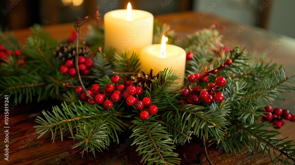 A close-up of a holiday centerpiece featuring candles, pine branches, and red berries, placed in the center of a dining table A close-up of a holiday centerpiece featuring candles, pine branches, and red berries, placed in the center of a dining table
