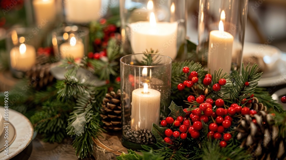A close-up of a holiday centerpiece featuring candles, pine branches, and red berries, placed in the center of a dining table A close-up of a holiday centerpiece featuring candles, pine branches, and red berries, placed in the center of a dining table