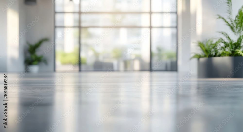 Fototapeta premium Blurred background of a modern office interior featuring glass windows and a polished floor, with a focus on the hallway