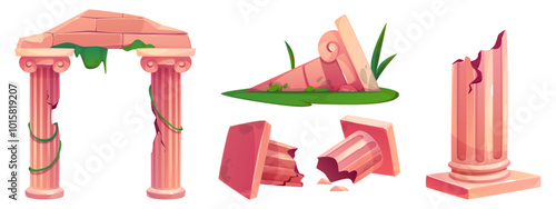 Ancient greek ruin set. Broken roman column and arch vector. Damage antique architecture design with ivy plant. Athens antiquity object. Crack historic temple. Colonnade destruction for medieval game