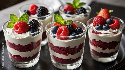 Three berry and whipped cream desserts in close-up view