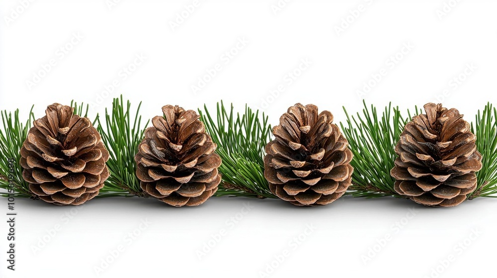 A photostock images of Christmas tree ornaments with pine cones and pine needles on a clean white background High Quality A photostock images of Christmas tree ornaments with pine cones and pine needles on a clean white background High Quality