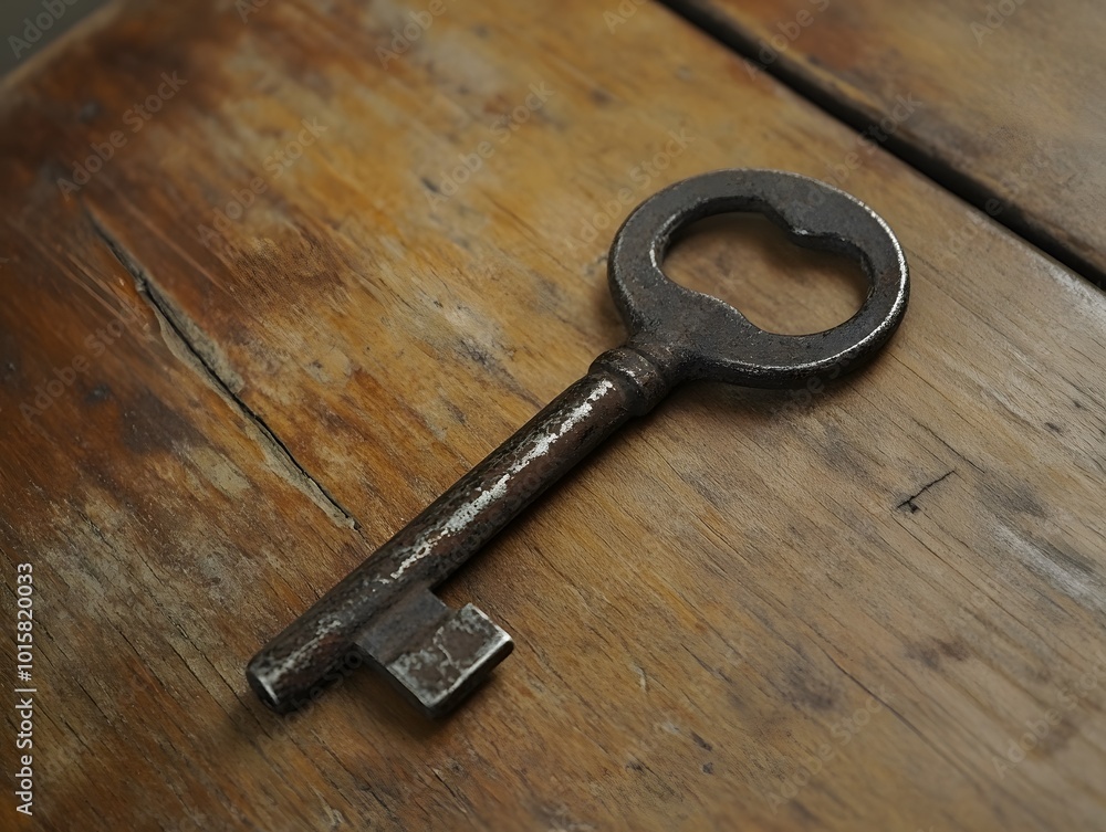 Aged Iron Key with Scratches Resting on Wood Aged Iron Key with Scratches Resting on Wood
