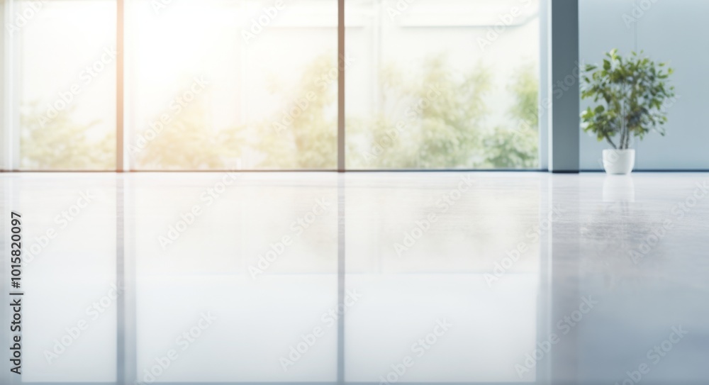 Fototapeta premium Blurred background of a modern office interior with glass windows and a polished concrete floor