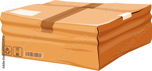 Damaged and crumpled cardboard box. Isolated cartoon vector broken, crushed and ripped package indicating mishandling or rough delivery process, issues in shipping, logistics and postal services